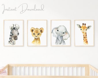 Set of 4 Safari Animal Prints, Nursery Wall Art, Nursery Safari Decor, Safari Nursery Prints, Jungle Animals, Lion Elephant Zebra Giraffe