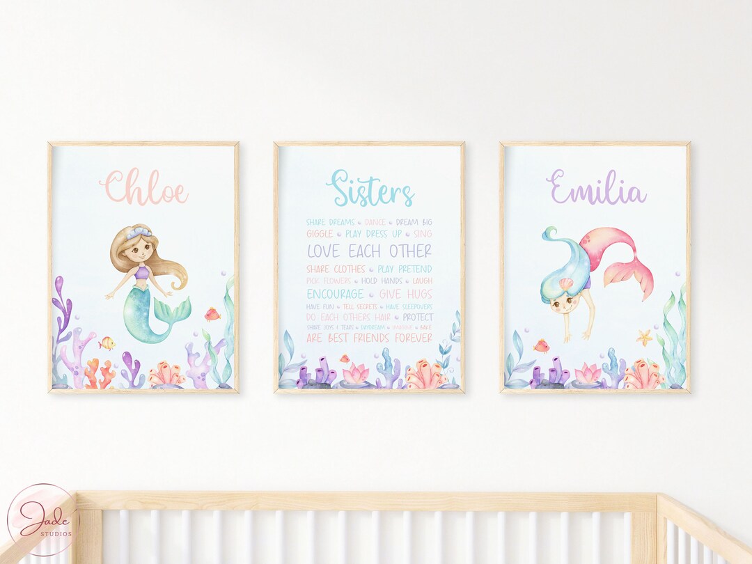 Set of 3 - Choose Any Two Mermaids - Personalised Mermaid Nursery ...