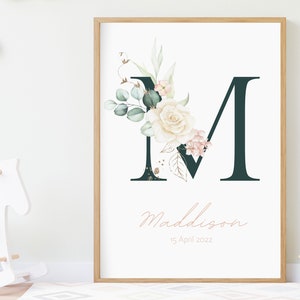 Impresión de nombre personalizada - Póster de nacimiento, floral rosa, impresión inicial personalizada de la guardería, regalos para niñas