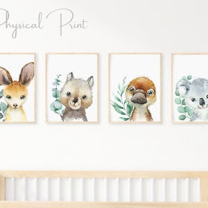 Set of 4 Australian Animals Prints, Eucalyptus, Nursery Decor, Kangaroo Koala Wombat Platypus, Australian Nursery Prints