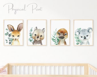 Set of 4 Australian Animals Prints, Eucalyptus, Nursery Decor, Kangaroo Koala Wombat Platypus, Australian Nursery Prints