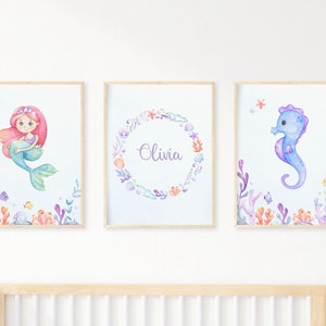 Set of 3 Mermaid Nursery Prints, Personalised Name Print, Kids Mermaid Prints, New Baby Gifts, Custom Name Print, Under The Ocean Print