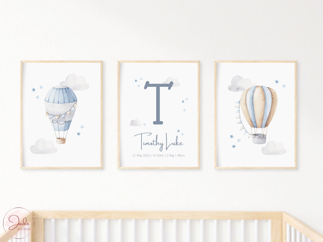 Set of 3 Personalised Hot Air Balloon Prints, Name Print, Birth Poster ...