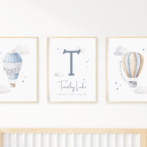 Set of 3 Personalised Hot Air Balloon Prints, Name Print, Birth Poster, Custom Nursery Initial Print, Baby Boy Gifts