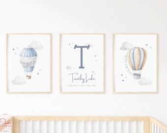 Set of 3 Personalised Hot Air Balloon Prints, Name Print, Birth Poster, Custom Nursery Initial Print, Baby Boy Gifts