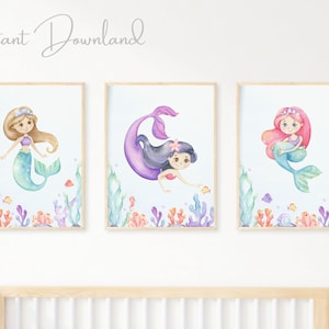 Set of 3 Mermaid Nursery Prints, Mermaid Wall Art, Girls Room Mermaid Prints, Mermaid Decor, Under The Ocean Print
