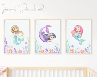 Conjunto de 3 impresiones de vivero de sirena, arte de pared de sirena, impresiones de sirena de habitación de niñas, decoración de sirena, impresión bajo el océano