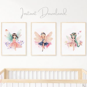 Set di 3 stampe di Fairy Garden, stampe di fate per bambini, arte murale per la cameretta dei bambini, decorazioni a tema fate per la cameretta dei bambini, arte murale per ragazze con fate, stampe di fate vivaci