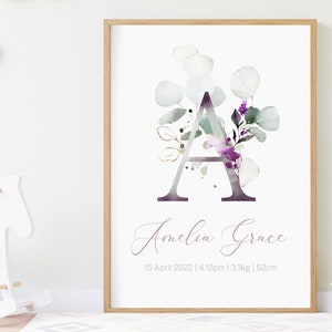 Impresión de nombre personalizada: póster de nacimiento, estampado floral púrpura, impresión inicial personalizada de la guardería, arte de pared de flores púrpuras