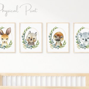 Set of 4 Australian Animals Prints, Eucalyptus, Nursery Decor, Kangaroo Koala Wombat Platypus, Australian Nursery Prints