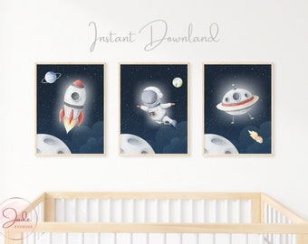 Set di 3 astronauti nello spazio, galassia e pianeti, decorazioni murali per camerette, stampe per bambini a tema spaziale, decorazioni spaziali