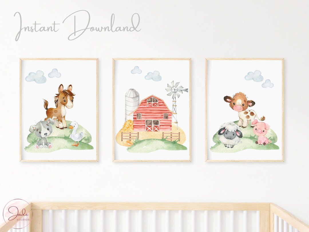 Set of 3 Farm Animal Prints, Nursery Wall Art, Nursery Farm Decor ...