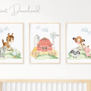 Set of 3 Farm Animal Prints, Nursery Wall Art, Nursery Farm Decor, Barnyard Nursery Prints, Kids Farm Animal Prints