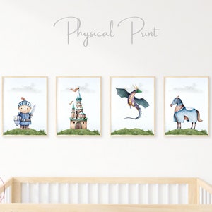 Set of 4 Dragon Knight Prints, Kids Dragon Prints, Nursery Dragon Decor, Knight in Armor Prints, Medieval Horse and Castle Prints