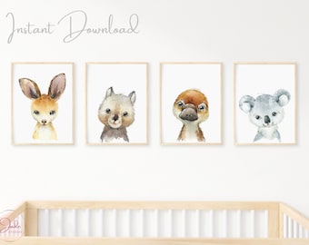 Set of 4 Australian Animals Prints, Gender Neutral, Nursery Decor, Kangaroo Koala Wombat Platypus, Australian Nursery Prints