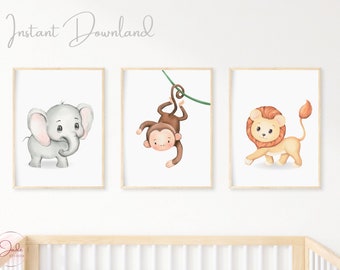 Set of 3 Safari Animal Prints, Nursery Wall Art, Nursery Safari Prints, Nursery Safari Decor, Safari Nursery Prints, Elephant Monkey Lion