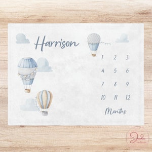 Baby Monthly Milestone Blanket - Hot Air Balloons, Personalised Baby Blanket, Boy Baby Blanket, Milestone Blanket Boy, Baby Shower Gift