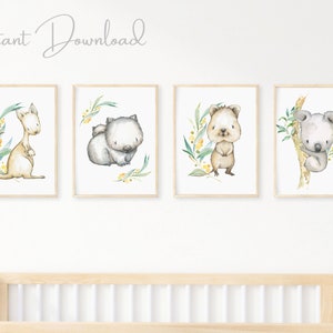Set of 4 Australian Animals Prints, Gender Neutral, Nursery Decor, Kangaroo Koala Wombat Quokka, Yellow Australian Nursery Prints