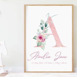 Impresión de nombre personalizada: póster de nacimiento, flor de rosa rosa, impresión inicial de guardería personalizada, impresión de carta personalizada