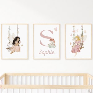 Set of 3 Personalised Fairy Print, Nursery Fairy Prints, Fairies on Swings Prints, Nursery Wall Art, Custom Name Print
