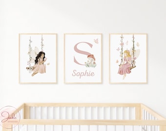 Set of 3 Personalised Fairy Print, Nursery Fairy Prints, Fairies on Swings Prints, Nursery Wall Art, Custom Name Print