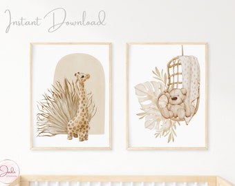 Set of 2 Boho Nursery Prints, Nursery Wall Art, Nursery Safari Decor, Gender Neutral Nursery Prints, Safari Giraffe & Teddy Print