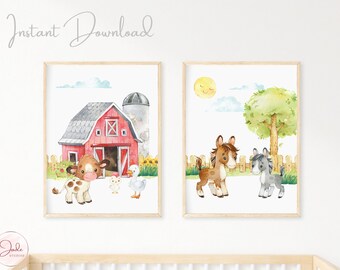 2er Set Bauernhof Bilder, Kinderzimmer Wandkunst, Kinderzimmer Bauernhof Deko, Scheunenhof Kinderzimmer Drucke, Bauernhof Tiere