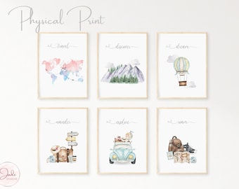 Set van 6 reisprints voor kinderdagverblijven, reisprints voor kinderen, nieuwe babycadeaus, The World is Your Playground, avontuur wacht, oh waar ga je heen?