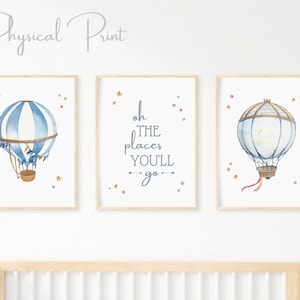 Set of 3 Blue Hot Air Balloon Prints, Oh The Places You'll Go Phrase, Travel Hot Air Balloon, New Baby Gifts