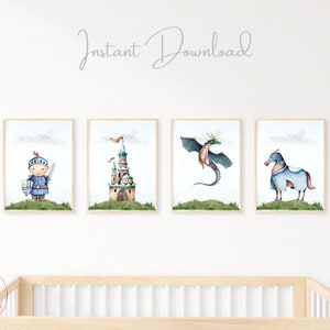 Set of 4 Dragon Knight Prints, Kids Dragon Prints, Nursery Dragon Decor, Knight in Armor Prints, Medieval Horse and Castle Prints