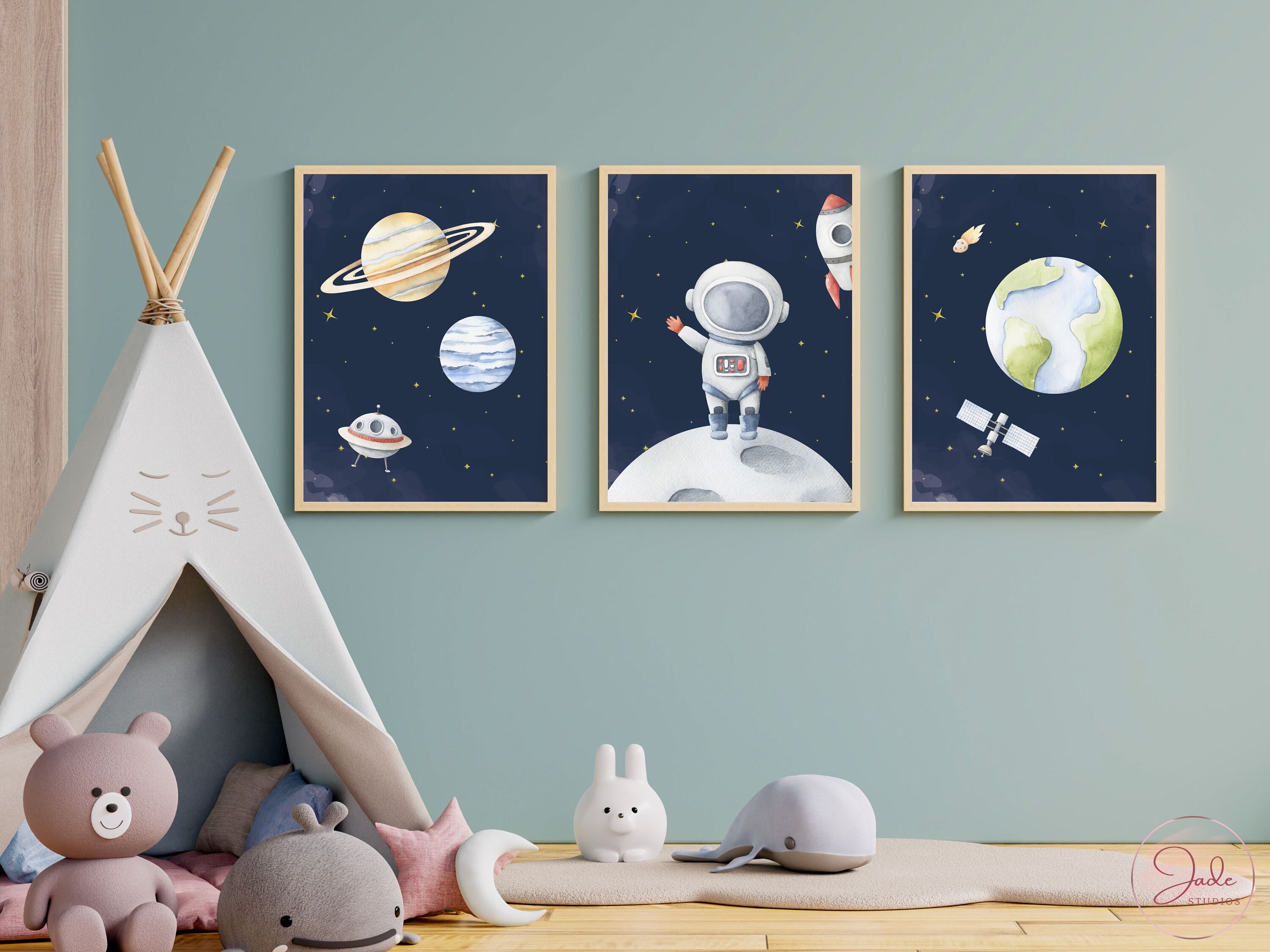 Set of 3 Astronaut in Space, Galaxy and Planets, Boys Room Wall Art ...