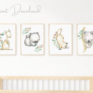 Set of 4 Australian Animals Prints, Gender Neutral, Nursery Decor, Kangaroo Koala Wombat Platypus, Pink Australian Nursery Prints
