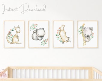 Set of 4 Australian Animals Prints, Gender Neutral, Nursery Decor, Kangaroo Koala Wombat Platypus, Pink Australian Nursery Prints
