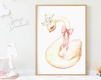 Swan wearing flower crown, Nursery Swan Print, Floral Boho Swan print, Girl Nursery Wall Art prints