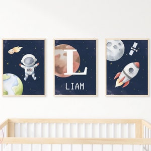 Set of 3 Space Prints, Personalised Name Prints, Custom Nursery Name Print, Astronaut in Space, Galaxy and Planets, Space Decor