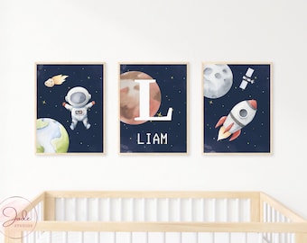 Set of 3 Personalized Space Nursery Prints, Astronaut, Galaxy