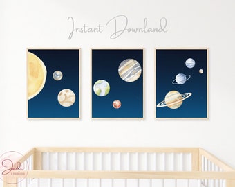3er Set Planet Kinderzimmer Poster, Sonnensystem Poster, Kinderzimmer Wandkunst, Spielzimmer Lerndruck, Weltraum Thema Schlafzimmer