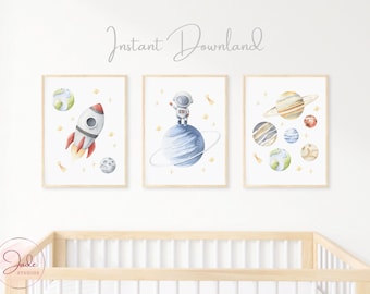 3er Set Planet Kinderzimmer Poster, Sonnensystem Poster, Kinderzimmer Wandkunst, Spielzimmer Lerndruck, Weltraum Thema Schlafzimmer