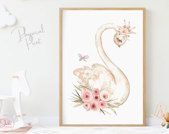 Swan wearing flower crown, Nursery Swan Print, Floral Boho Swan print, Girl Nursery Wall Art prints
