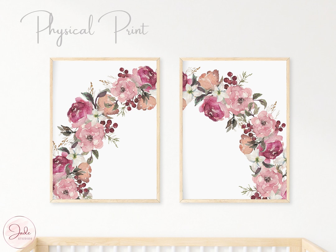 Set of 2 Floral Wall Art, Watercolour Pink Burgundy Floral, Floral