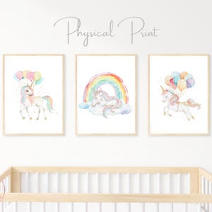 Set of 3 Unicorn Rainbow Print, Nursery Wall Art, Nursery Unicorns Print, Girls Room Unicorn Theme, Girls Princess Decor, Glitter Unicorns