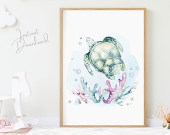 Watercolor Sea Turtle Print, Nautical Nursery Decor (Digital Download)