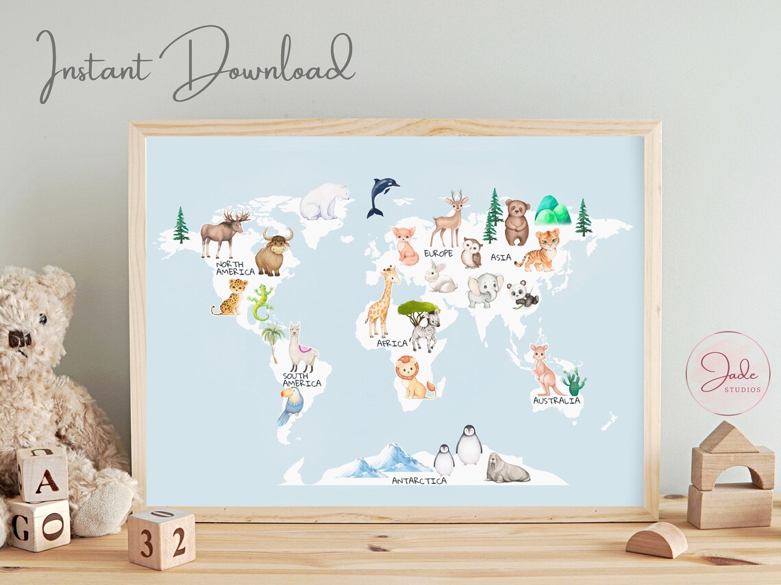 Animal World Map Print, Blue World Map, Nursery Wall Art, Watercolour ...