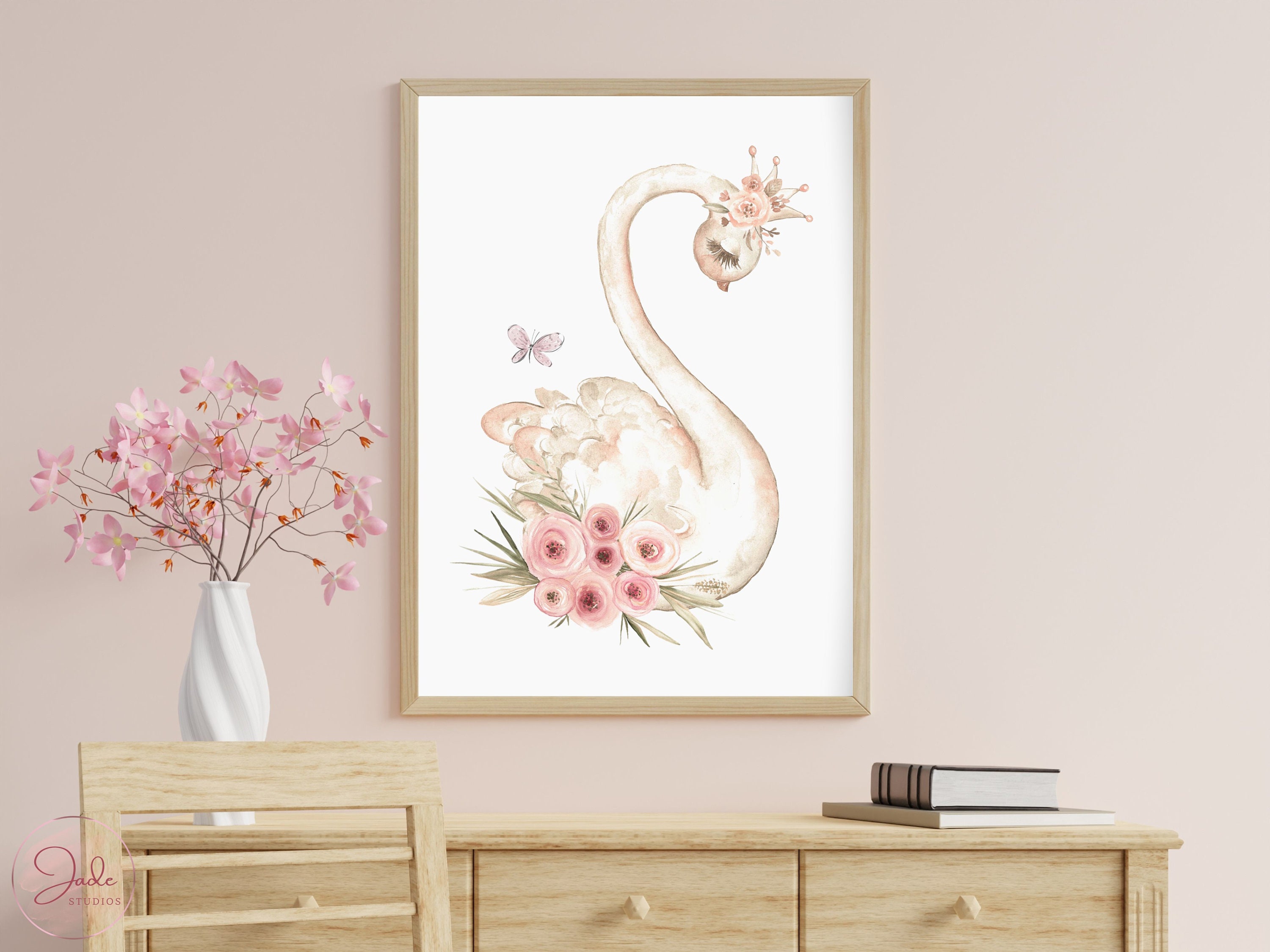 Swan Wearing Flower Crown, Nursery Swan Print, Floral Boho Swan Print ...