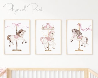 Set of 3 Pink Carousel Horses, Nursery Wall Art, Nursery Carousel Print, Merry Go Round, Nursery Carnival Prints, Nursery Circus