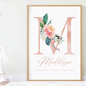 Stampa personalizzata del nome: poster di nascita, fiori rosa, stampa iniziale personalizzata dell'asilo nido, stampa di lettere personalizzate