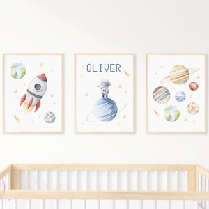 Set of 3 Space Prints, Personalised Name Prints, Custom Nursery Name Print, Astronaut in Space, Galaxy and Planets, Space Decor