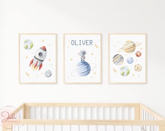 Personalized Space Nursery Prints, Galaxy Planets Decor, Set of 3