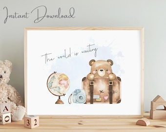 Travel Nursery Prints, Bear Sitting on Suitcase, The World is Waiting, Kids Travel Prints