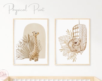 Set of 2 Boho Nursery Prints, Nursery Wall Art, Nursery Safari Decor, Gender Neutral Nursery Prints, Safari Giraffe & Teddy Print